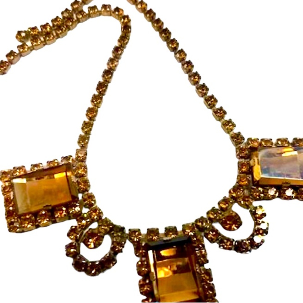 Vintage Necklace Bracelet Set Amber Glass & Rhinestone Rectangular - Picture 9 of 17
